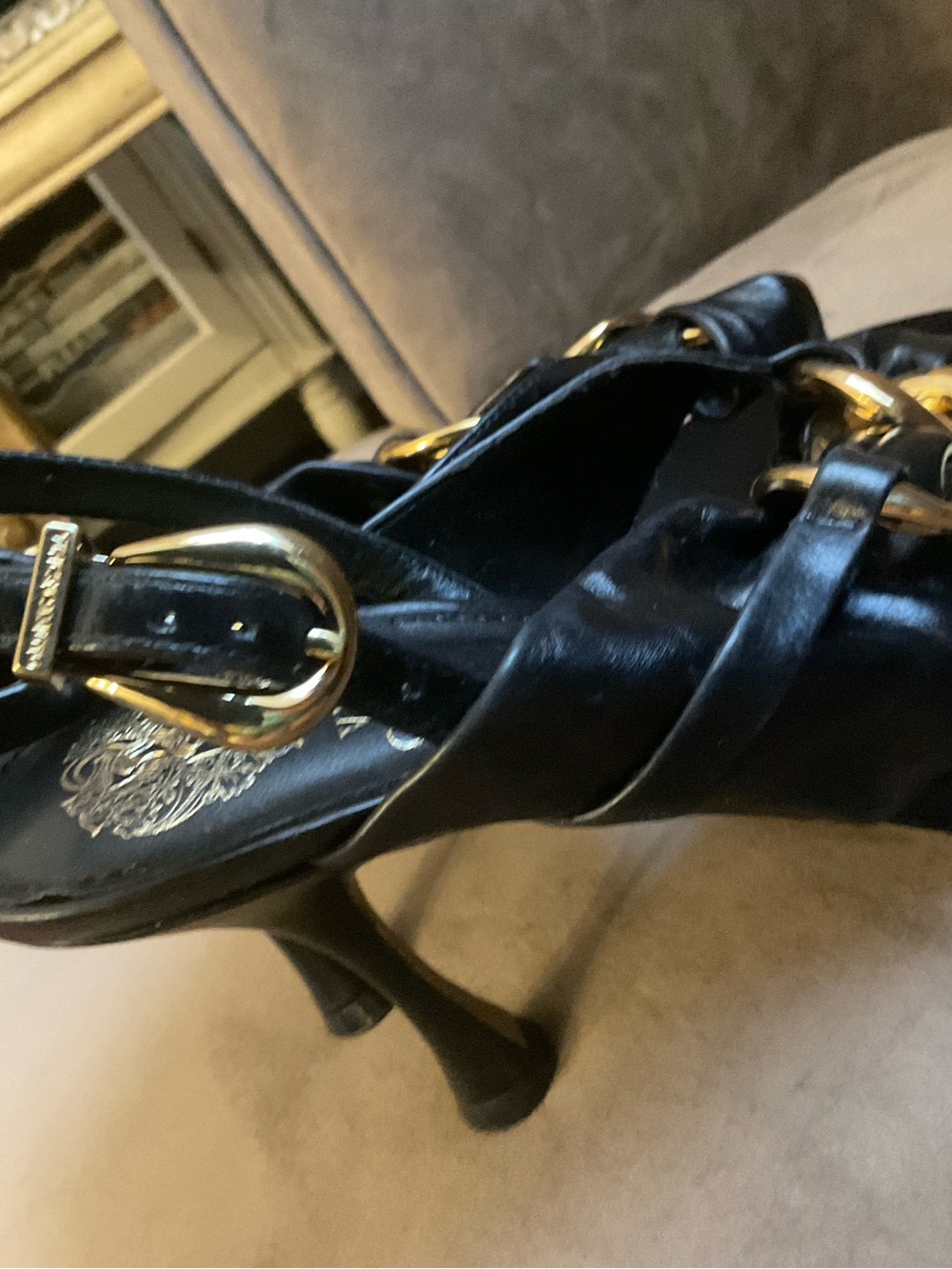 Vince Camuto Black Leather Slingback Heels with Gold Chain Accent - Picture 3 of 5